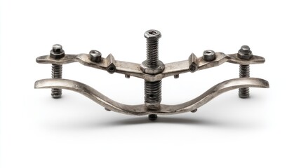 Metal tool on a white background showcasing intricate design and functionality for engineering and manufacturing purposes
