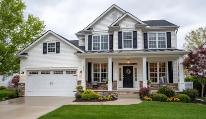 Charming suburban house with manicured lawn.