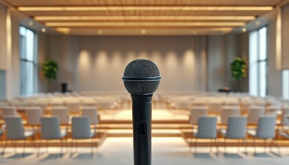Modern seminar room with microphone and seating arrangement for conferences and presentations with copy space