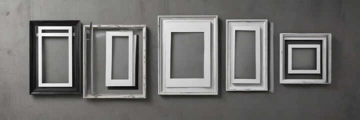Various sized hanging frames, white and black, against a textured wall ,  home staging,  frame template,  interior photography