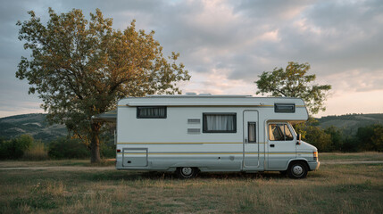 Naklejka premium Vintage rv camper van parked in nature camping site for outdoor adventure travel and vacation lifestyle