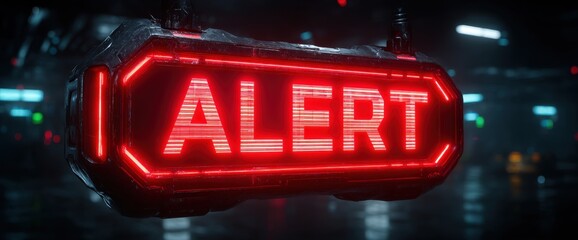 Glowing red alert sign in a dark futuristic setting.