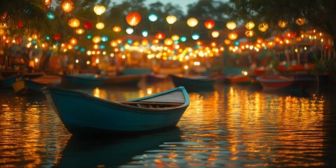 Illuminated lanterns over water with boats creating a vibrant and festive atmosphere at twilight