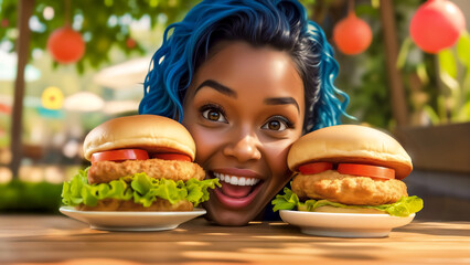 Woman with blue hair smiling at the viewer amid two large chicken burgers.