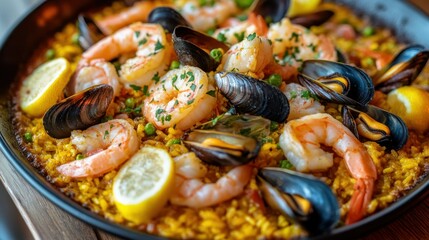 Delicious seafood paella with shrimp and mussels, garnished with lemon and parsley.