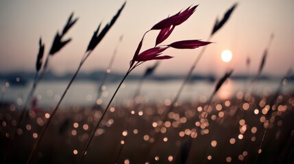 Golden Light Through Tall Grasses at Dusk - A Dreamy and Serene Coastal Scene
