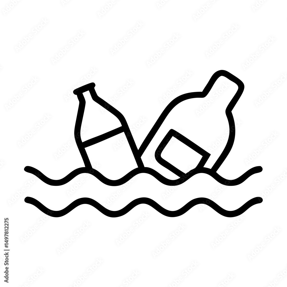 Poster two plastic bottles floating in waves representing waste pollution simple vector linear icon