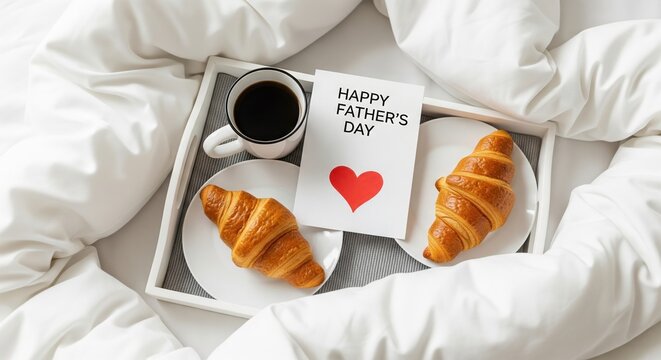 Breakfast in bed for father's day with croissants, coffee and a gift card on a white tray surrounded by soft bedding makes a perfect start to father's day celebration .