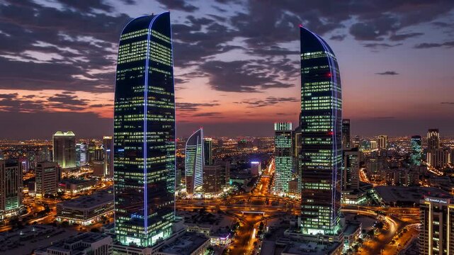 Sunset over large buildings equipped with the latest technology, King Abdullah Financial District, in the capital, Riyadh, Saudi Arabia