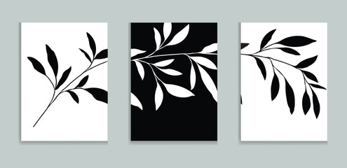 Minimalist Botanical Triptych Wall Art Black Leaves on White 