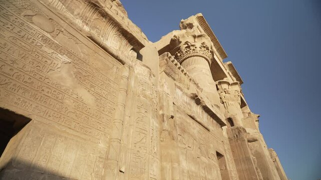 View of Kom Ombo Temple on the Nile River near Aswan during golden hour, Aswan, Egypt, Africa