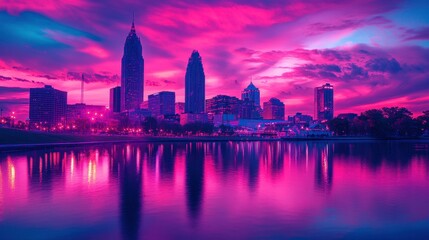 Fototapeta premium Purple Skyline Cityscape Reflection at Sunset