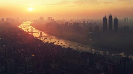 Fototapeta premium Sunrise Cityscape River Buildings and Bridge