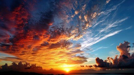 Fiery Sunset Over Ocean: Dramatic Sky and Coastal Landscape