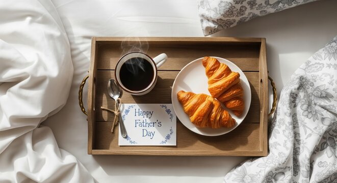 Overhead shot of a Father's Day breakfast in bed featuring coffee, croissants, and a 'Happy Father's Day' card on a wooden tray with soft lighting and white sheets in the background.