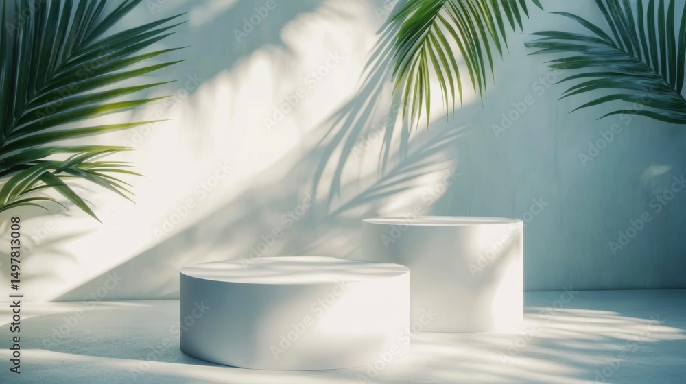 Poster minimalist product display with palm shadows.