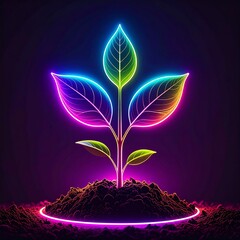 Abstract glowing one tiny colorful lights plant seedling sprouting from soil, dark blue background