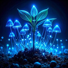 Abstract glowing a group of magic mushrooms seedling sprouting from soil