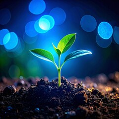 Abstract glowing plant seedling sprouting from soil