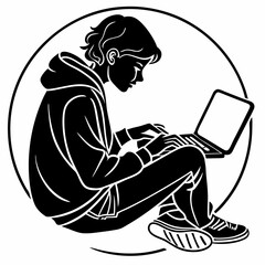 Young person working on laptop, clean cutout, professional design element