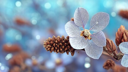 Frozen Autumn Leaves with Cones on Branch, Delicate Winter Still Life
