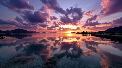 Vibrant Sunset Reflection Over Calm Sea with Mountain Silhouette