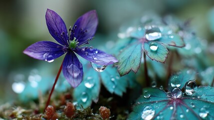 Dewdrop-Kissed Purple Flower on Moss, Macro Nature Close-up