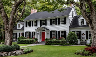 a classic colonial house with red shutters, white walls, and a tree in the front yard