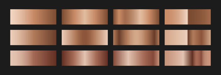 Fototapeta premium Elegant copper gradient swatches collection. Metallic textures with polished foil shine and satin smooth. Glossy palette for vintage and luxury designs and branding