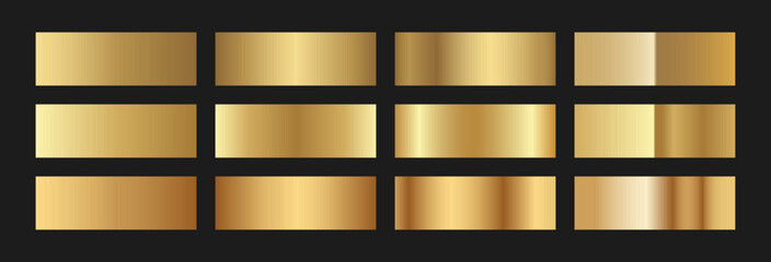 Elegant classic gold gradient swatches collection. Metallic textures with polished foil shine and satin smooth. Glossy palette for premium and luxury designs and branding
