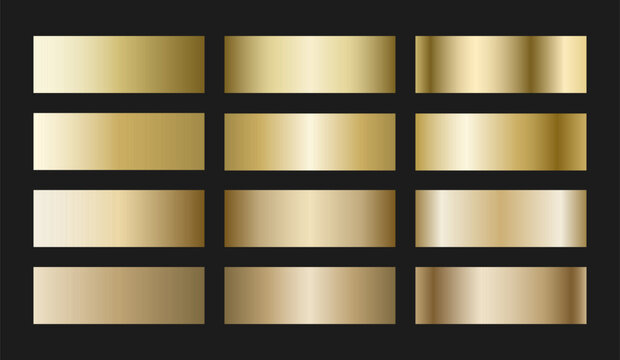 Soft champagne gold gradient swatches collection. Light metallic textures with polished foil shine and satin smooth transitions. Elegant palette for premium and sophisticated designs