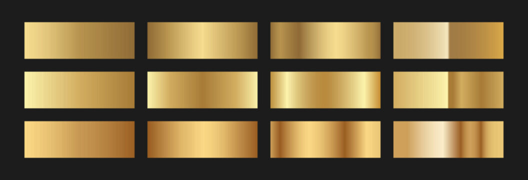 Elegant classic gold gradient swatches collection. Metallic textures with polished foil shine and satin smooth. Glossy palette for premium and luxury designs and branding