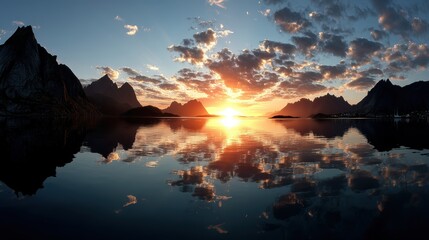 Dramatic Sunset Over Mountain Lake with Fiery Sky and Reflection