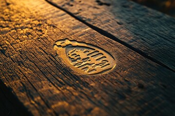 A close-up of a logo on a wooden surface, an engraved shoe print in golden metal,