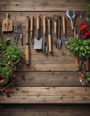 Rustic gardening tools arranged on weathered wood table,  landscaping,  horticulture,  country