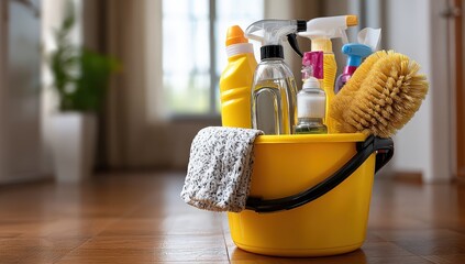 Cleaning supplies in a yellow bucket on wooden floor.