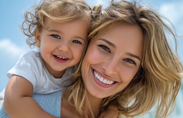 a young blonde woman with her one-year-old baby girl, both smiling and having fun at the beach.