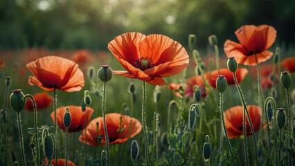 Vibrant Poppies in a Wildflower Meadow: Nature's Colorful Botanical Scene for Nature Lovers and Garden Enthusiasts