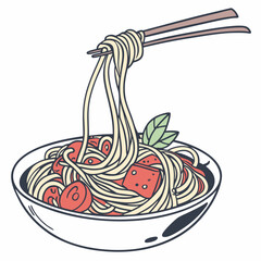 Delicious spaghetti noodles in a bowl with chopsticks