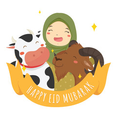 Happy eid al adha mubarak background, happy Muslim girl with cow and goat farm animal vector illustration