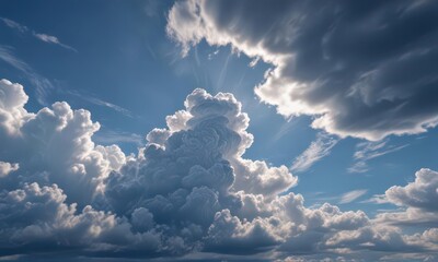Deep blue sky, majestic clouds layered, creating depth ,  cloud formations,  landscape,  perspective
