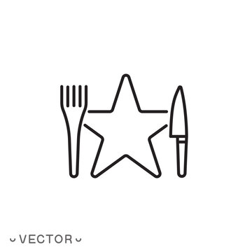 review good culinary icon, experience catering, superfood, food rating, fork knife with star, cooking concept, thin line symbol isolated on white background, editable stroke eps 10 vector illustration
