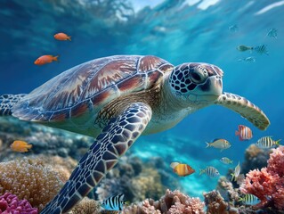 Obraz premium An underwater view of the great green sea turtle swimming among colorful coral reefs and tropical fish, showcasing its beauty in its natural habitat