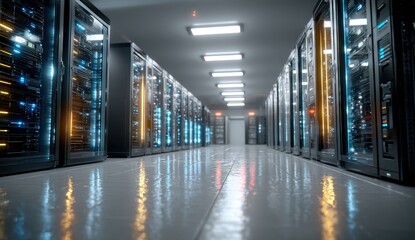 Fototapeta premium Modern data center with glowing server racks.