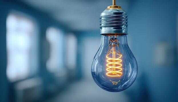 Close-up of a glowing light bulb in a soft-focus room.