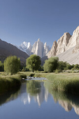 breathtaking view of pik konakh towering majestically over serene river with its reflection perfectly mirrored on