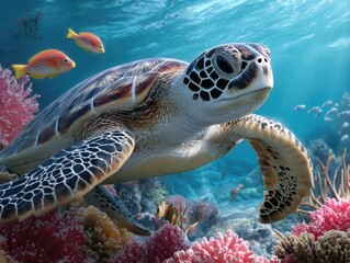 Fototapeta premium The sea turtle is swimming among the colorful coral reefs, surrounded by various fish and other marine creatures.