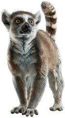 Obraz premium Ring-tailed Lemur portrait: A captivating portrait of a ring-tailed lemur, showcasing its distinctive striped tail and expressive eyes, full of curiosity and charm.