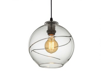 A clear glass pendant light fixture with a spiral wire design inside shade