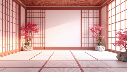 Zen Room Tatami Mats Sakura Blossoms  Shoji Screens